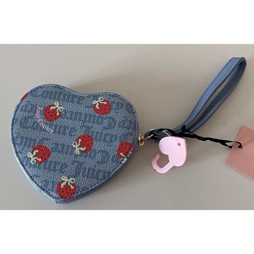 Juicy Couture Berry Sweet Coin Purse Wristlet Dusty Blue Red Strawberries NEW - Picture 5 of 10